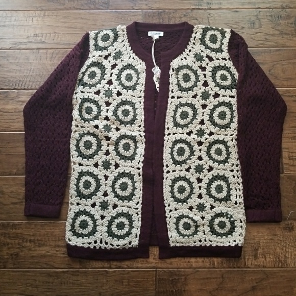 b-SHARP Open-weave Crochet Cardigan Sweater Maroon - Picture 2 of 5